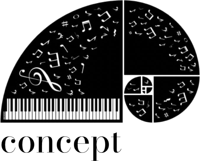Logotyp koncepcji — spirala Fibonacciego z nut i klawiatura fortepianu z podpisem concept